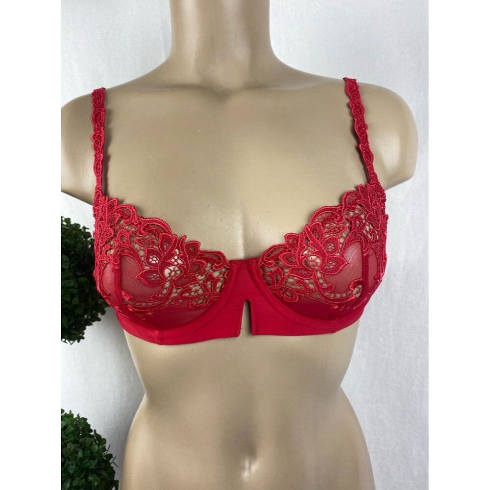 Simone Perele Red Saga Tattoo Unlined Underwire Demi Bra 32C NEW
